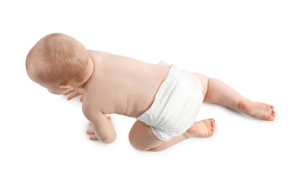 Cute little baby crawling on white background, top view — Stock Photo, Image