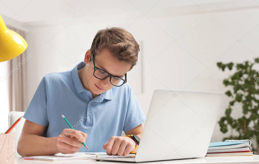 Teenager boy doing his homework at desk indoors