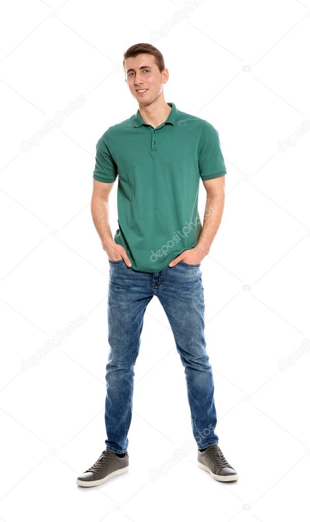 Full length portrait of young man in stylish clothes on white background