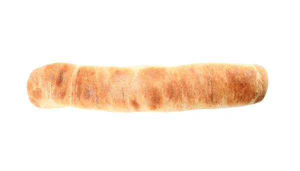 Schmackhaftes Baguette isoliert auf weißem Grund, Draufsicht. frisches Brot — Stockfoto