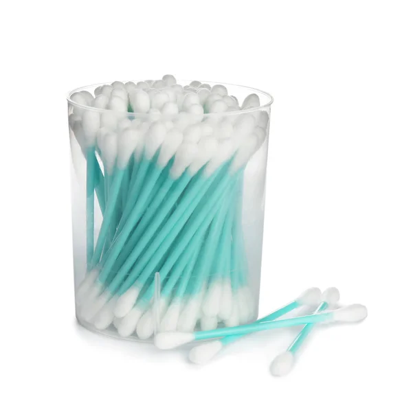 Plastic container with cotton swabs on white background — Stock Photo, Image