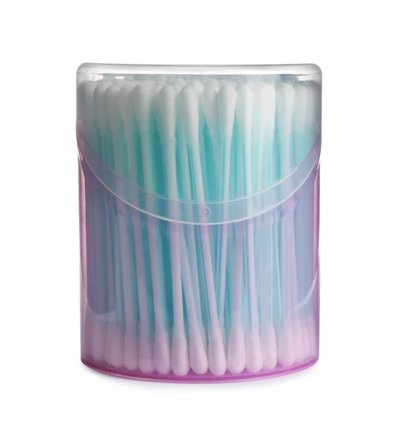 Kunststoffbehälter mit Wattestäbchen auf weißem Hintergrund — Stockfoto