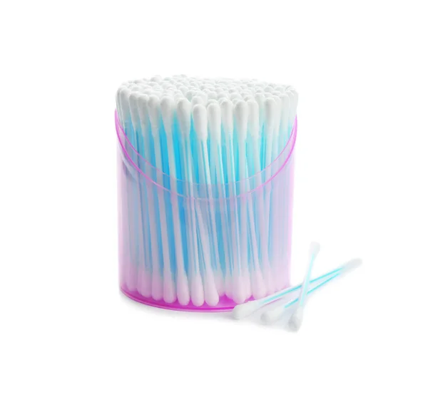 Plastic container with cotton swabs on white background — Stock Photo, Image