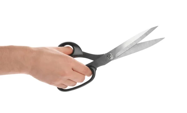 Woman holding sewing scissors on white background, closeup — Stock Photo, Image