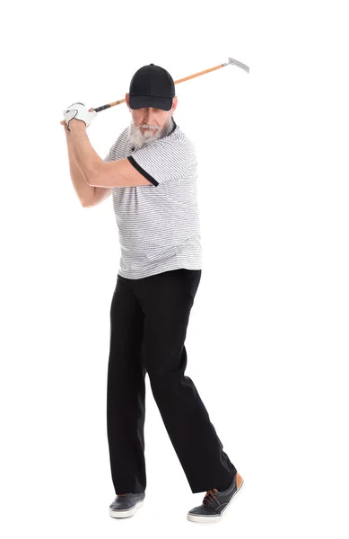 Senior férfi golfozni a fehér háttér — Stock Fotó
