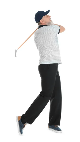 Senior man playing golf on white background — Stock Photo, Image