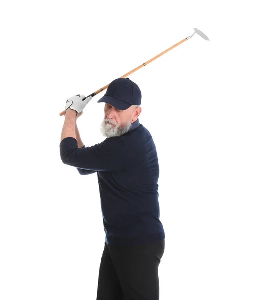 Senior man playing golf on white background — Stock Photo, Image