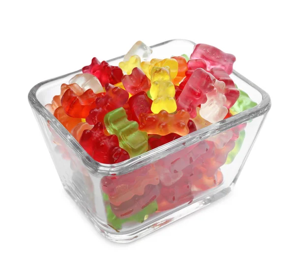 Glass bowl with delicious jelly bears on white background — Stock Photo, Image