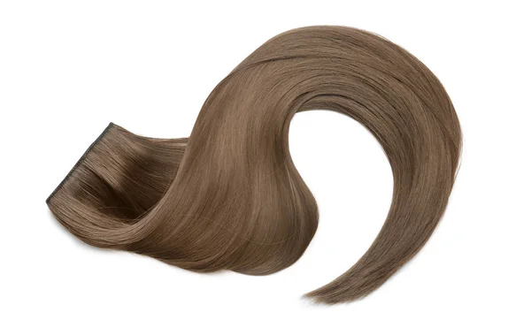 Bloqueio de cabelo liso marrom no fundo branco, vista superior — Fotografia de Stock