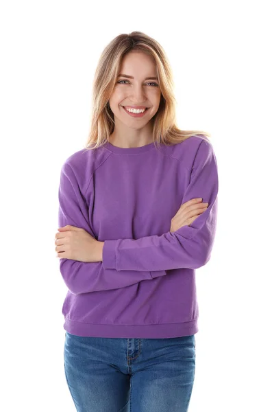 Retrato de mulher bonita no fundo branco — Fotografia de Stock