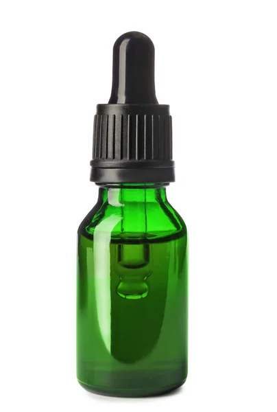 Kozmetikai palack és pipetta illóolajjal fehér alapon — Stock Fotó