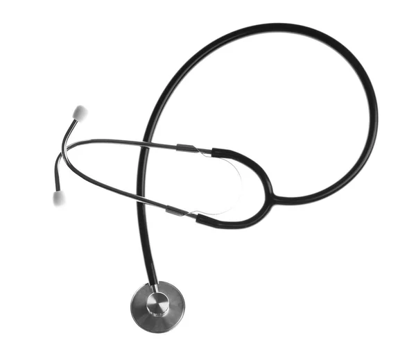 Stethoskop auf weißem Hintergrund, Draufsicht. Medizinprodukt — Stockfoto