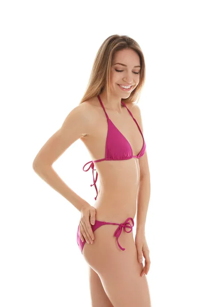 Jonge slanke vrouw in bikini op witte achtergrond. Perfect lichaam — Stockfoto