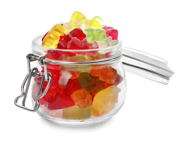 Glass jar with delicious jelly bears on white background — Stock Photo, Image