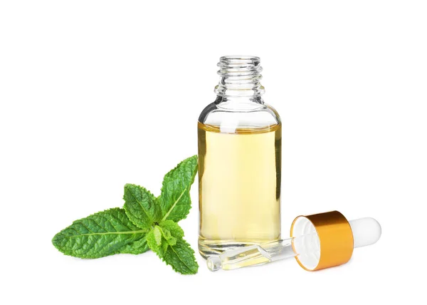Pequena garrafa de óleo essencial com conta-gotas e hortelã sobre fundo branco — Fotografia de Stock