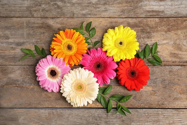 Platte lay samenstelling met mooie heldere Gerbera bloemen op houten achtergrond, Top uitzicht — Stockfoto