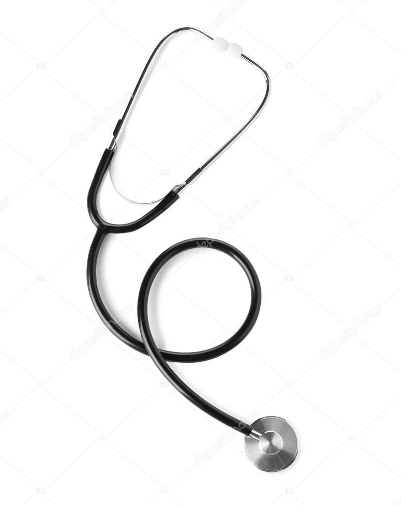 Stethoscope on white background, top view. Medical device