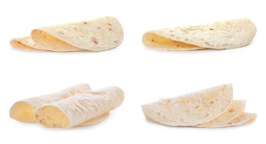 Beyaz arka plan üzerinde lezzetli tortilla seti. Mayasız ekmek