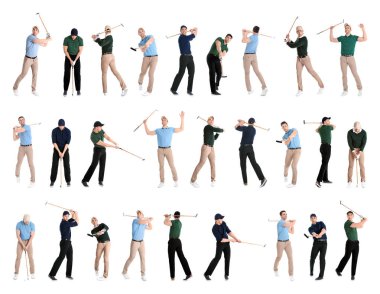 Beyaz arka planda golf oynayan adam kolajı