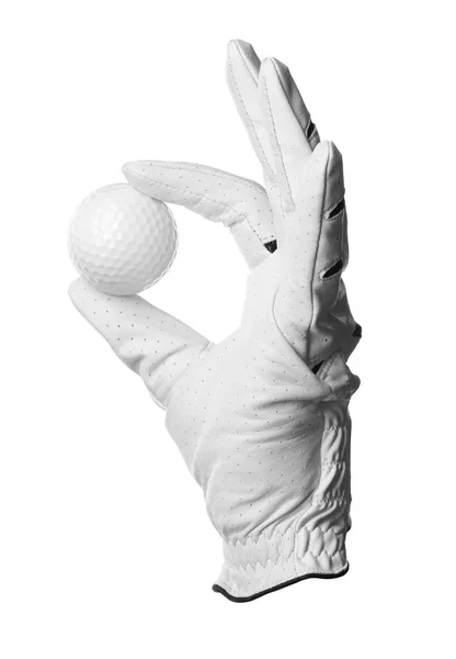 Beyaz arka planda eldiven ve golf topu — Stok fotoğraf