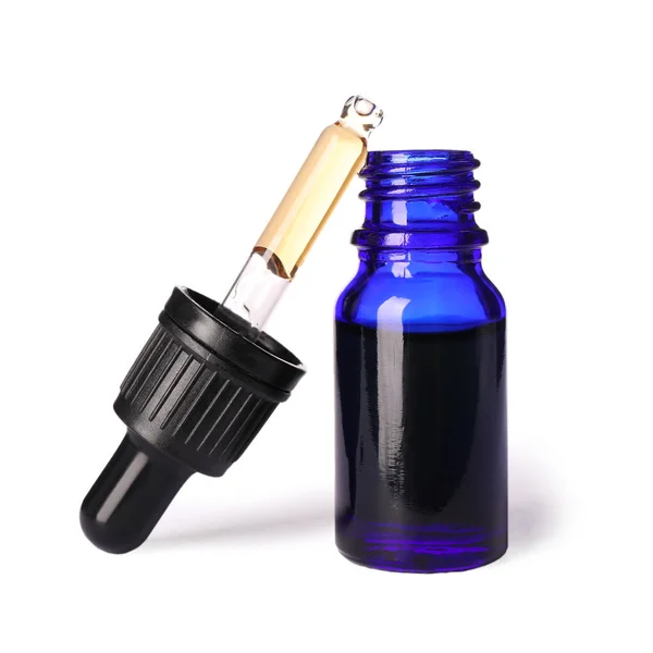 Cosmetic bottle and pipette with essential oil on white background — Stock Photo, Image