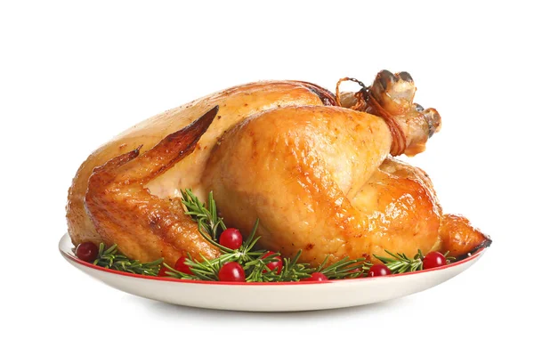 Platter of cooked turkey with garnish on white background — Stock Photo, Image