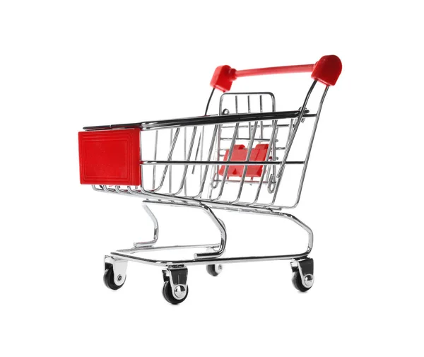 Pusty metalowy wózek na zakupy na białym tle — Zdjęcie stockowe