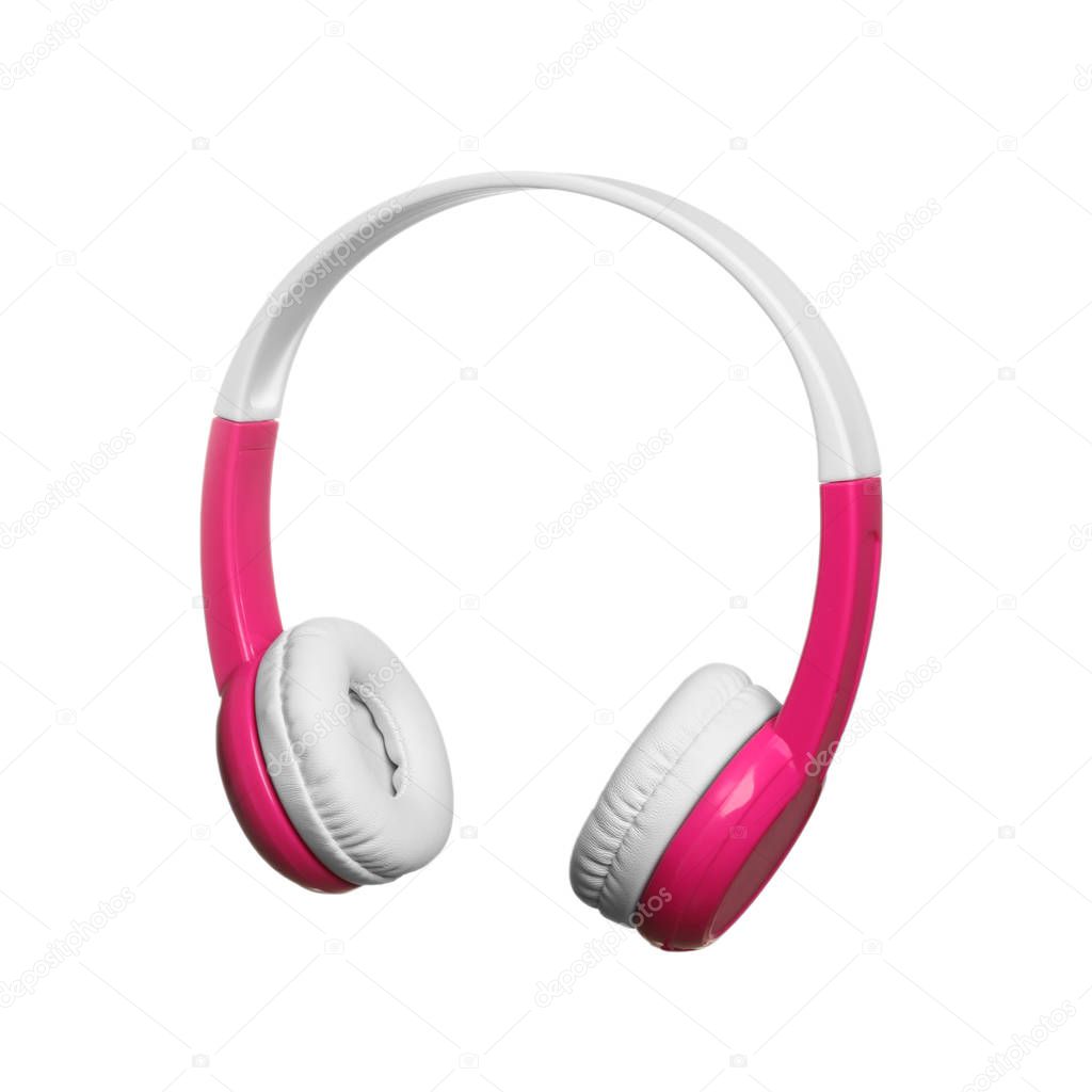 Stylish headphones with pads on white background