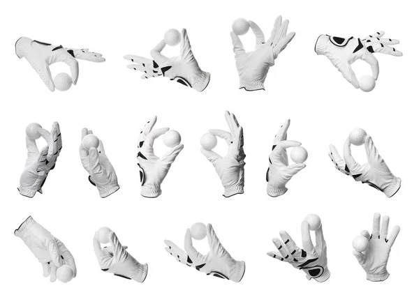 Set van handschoenen en golfballen op witte achtergrond — Stockfoto