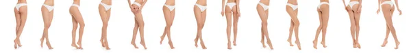 Collage einer jungen Frau mit sexy schlankem Körper auf weißem Hintergrund, Nahaufnahme — Stockfoto