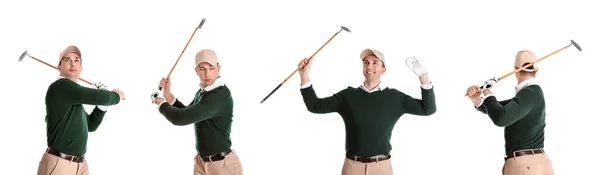 Collage von Mann beim Golfspielen auf weißem Hintergrund — Stockfoto