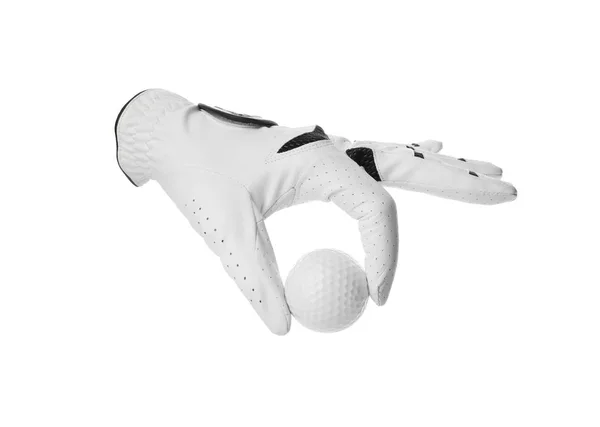 Handschuh und Golfball auf weißem Hintergrund — Stockfoto
