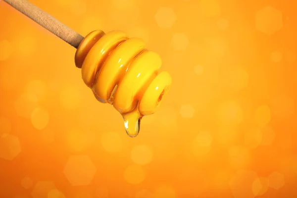 Osa con miel goteando sobre fondo de color, primer plano. Espacio para texto —  Fotos de Stock