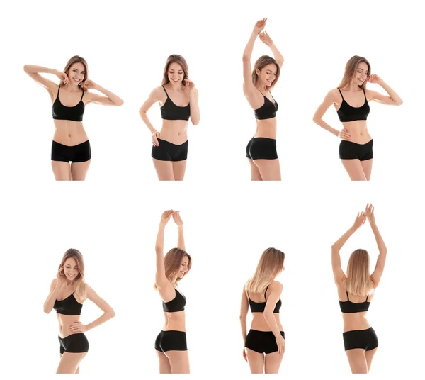 Collage einer jungen Frau mit sexy schlankem Körper auf weißem Hintergrund — Stockfoto