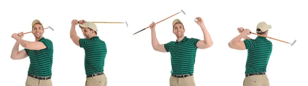 Collage av man spelar golf på vit bakgrund — Stockfoto