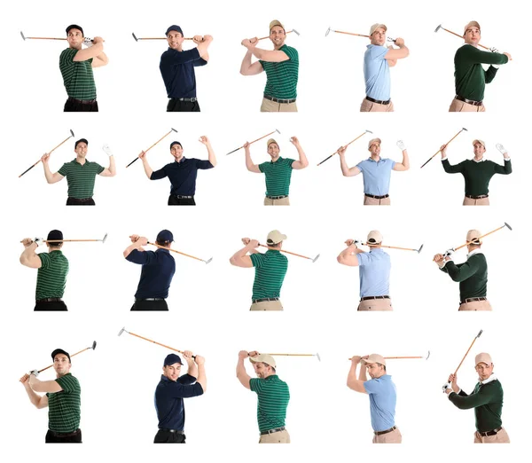 Collage von Mann beim Golfspielen auf weißem Hintergrund — Stockfoto