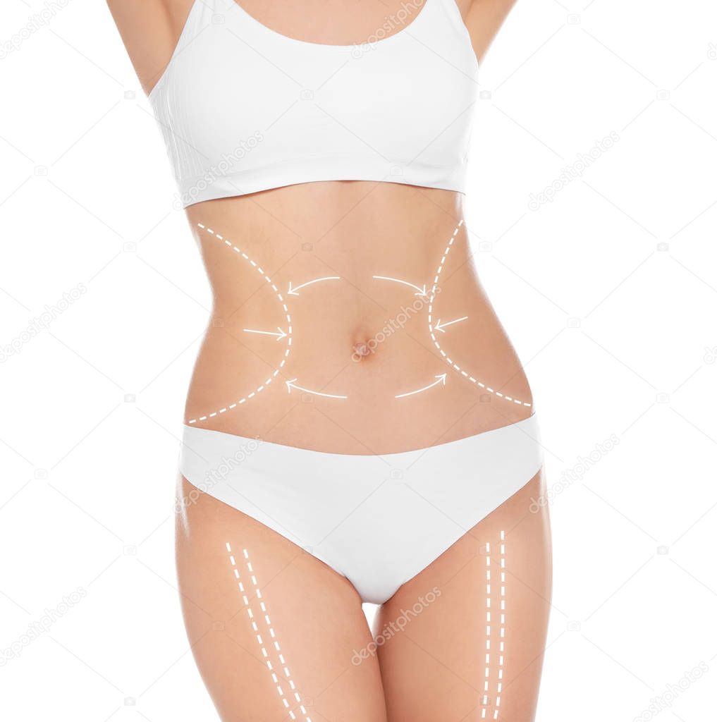 Young slim woman with arrows on body against white background, closeup. Beauty and health concept