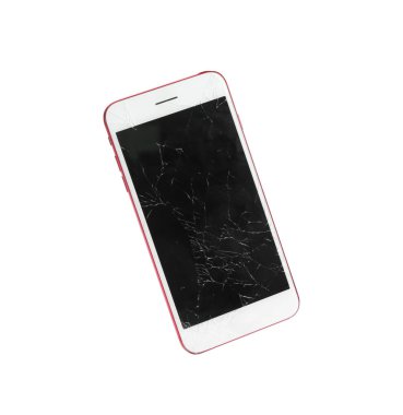 Beyaz izole kırık ekrana sahip modern akıllı telefon. Cihaz onarım hizmeti