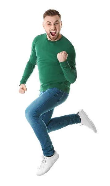Pełna długość portretu emocjonalnego człowieka skoki na białym tle — Zdjęcie stockowe