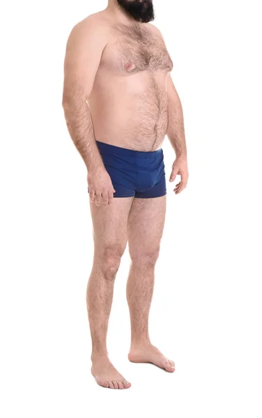 Homem com excesso de peso isolado em branco, close-up. Perda de peso — Fotografia de Stock