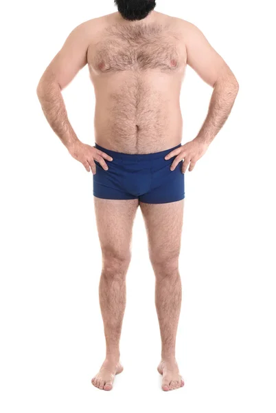 Hombre con sobrepeso aislado en blanco, primer plano. pérdida de peso —  Fotos de Stock