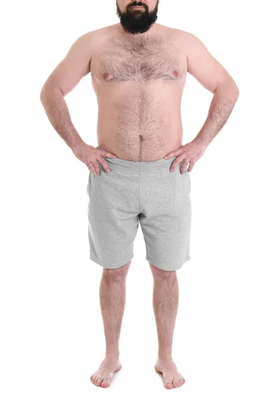 Overgewicht man geïsoleerd op wit, close-up. Gewichtsverlies — Stockfoto