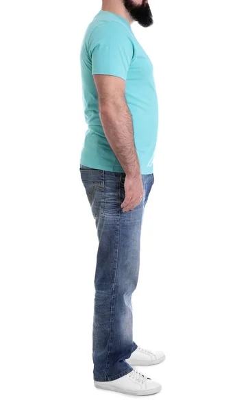 Overweight man isolated on white, closeup. Weight loss — Stock Photo, Image