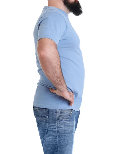 太り過ぎの男は白で孤立してクローズアップ。減量 — ストック写真