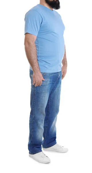 Homem com excesso de peso isolado em branco, close-up. Perda de peso — Fotografia de Stock