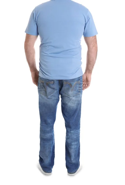 Homem com excesso de peso isolado em branco, close-up. Perda de peso — Fotografia de Stock