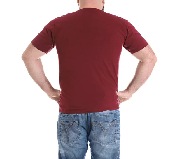 Nadváha muž izolovaný na bílém, v šatně. Hubnutí — Stock fotografie