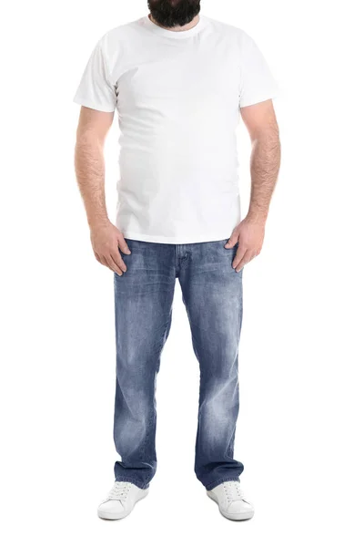 Túlsúlyos ember elszigetelt fehér, closeup. Súlycsökkenés — Stock Fotó