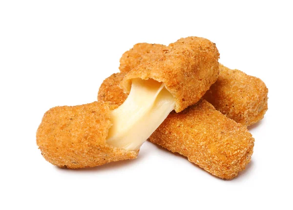 Pile of tasty cheese sticks isolated on white — Stock Photo, Image