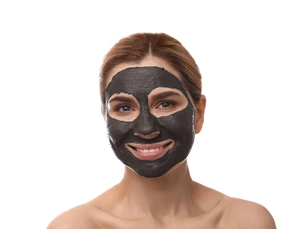 Piękna kobieta z czarną maską na twarzy na białym tle — Zdjęcie stockowe